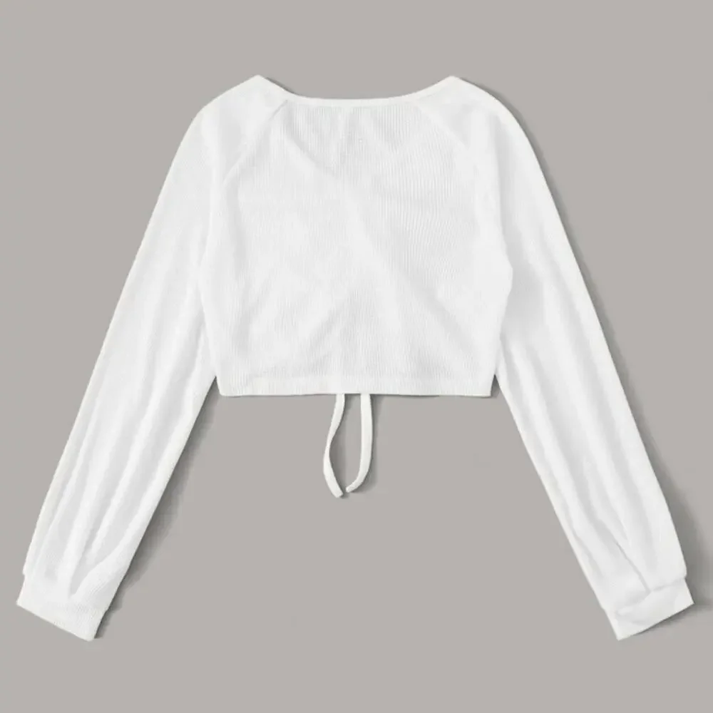 Drawstring front raglan sleeve white crop top size large NWOT (shein)